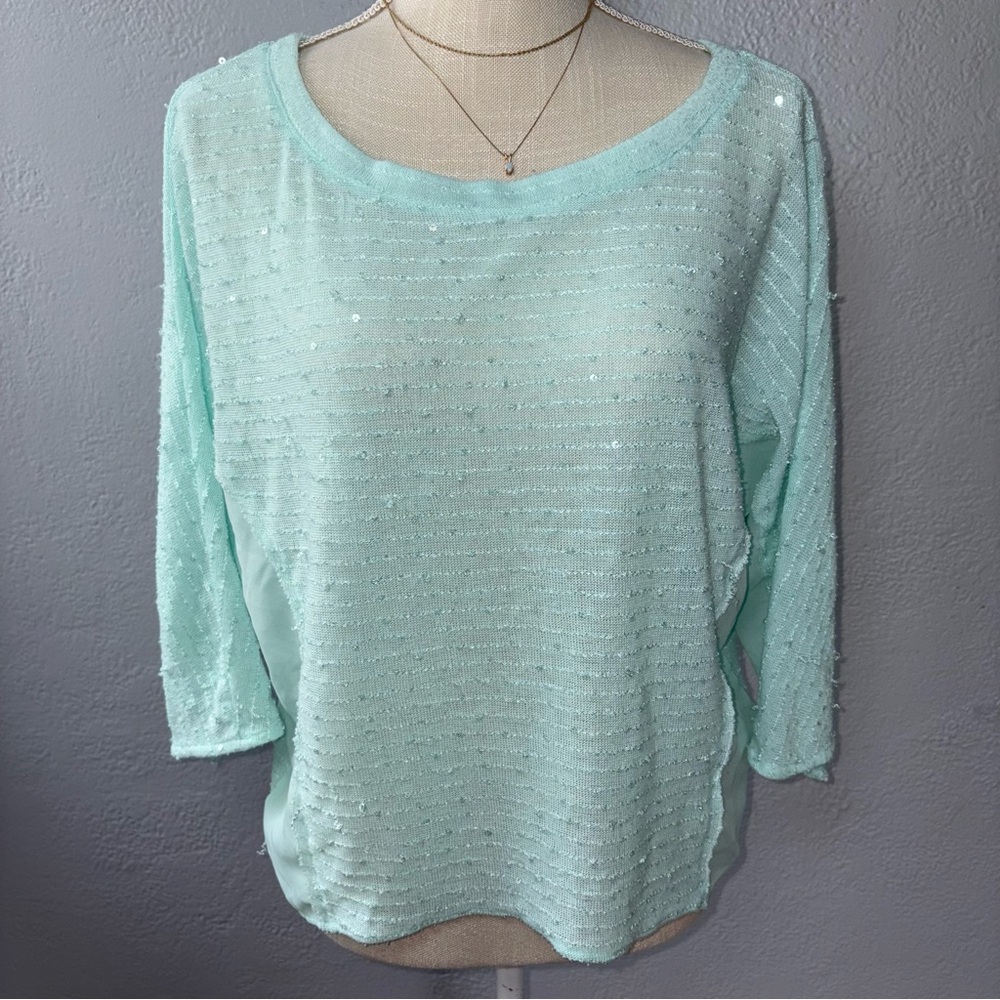 Mint Sequin Stripe Women’s Quarter Sleeve Top - Unbranded
